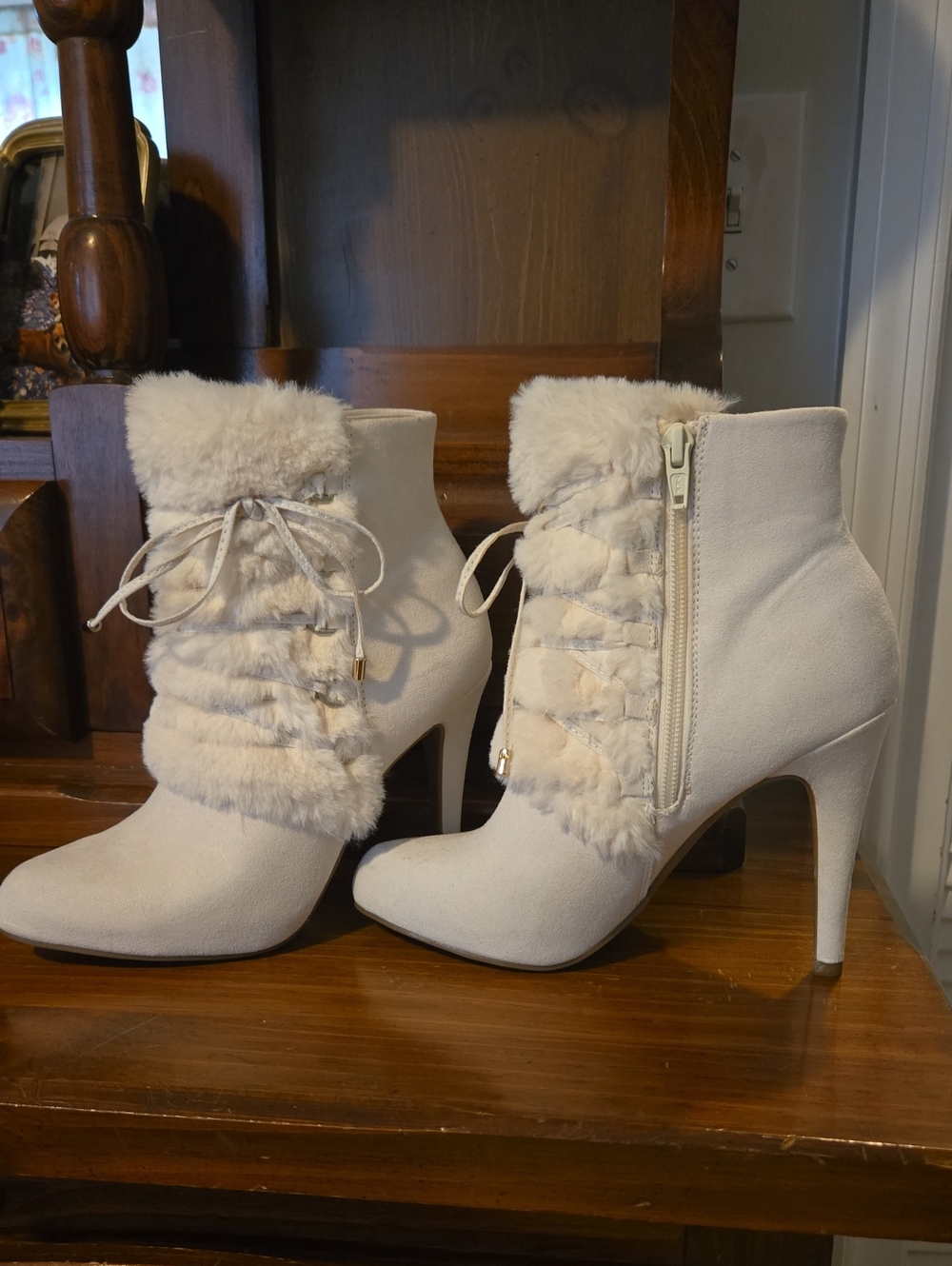 Jennifer Lopez Cream Faux-Fur  High Heel Ankle Boots